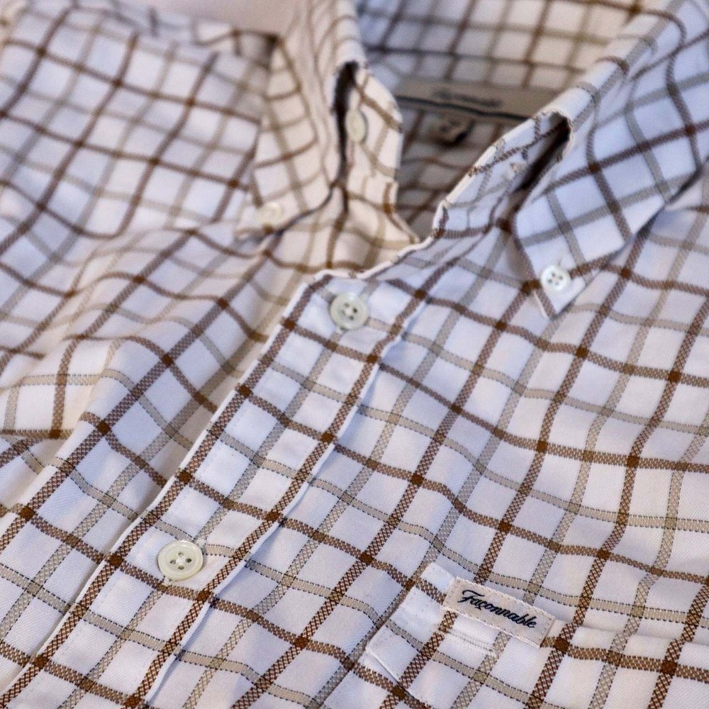 Faconnable Mens Brown White Tattersall Check Button Down Shirt Sz M Long Sleeve
